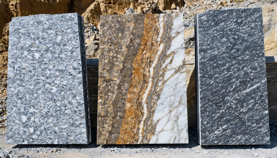 Sustainable granite quarry with raw stone slabs in natural formation