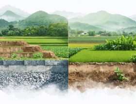 Illustration of a split landscape showing a quarry transforming into terraced farmland with diverse crops and water management systems representing sustainable agricultural innovation.