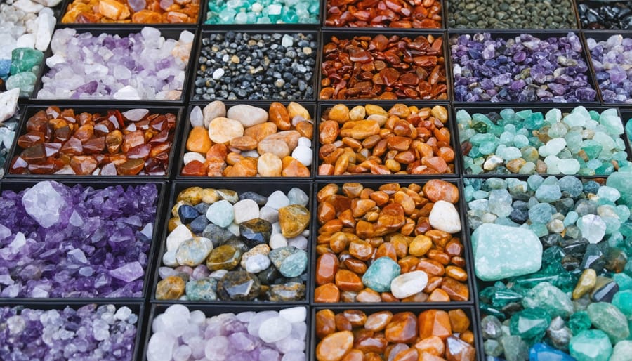 Vibrant display of regional gemstones at a traditional Asian marketplace