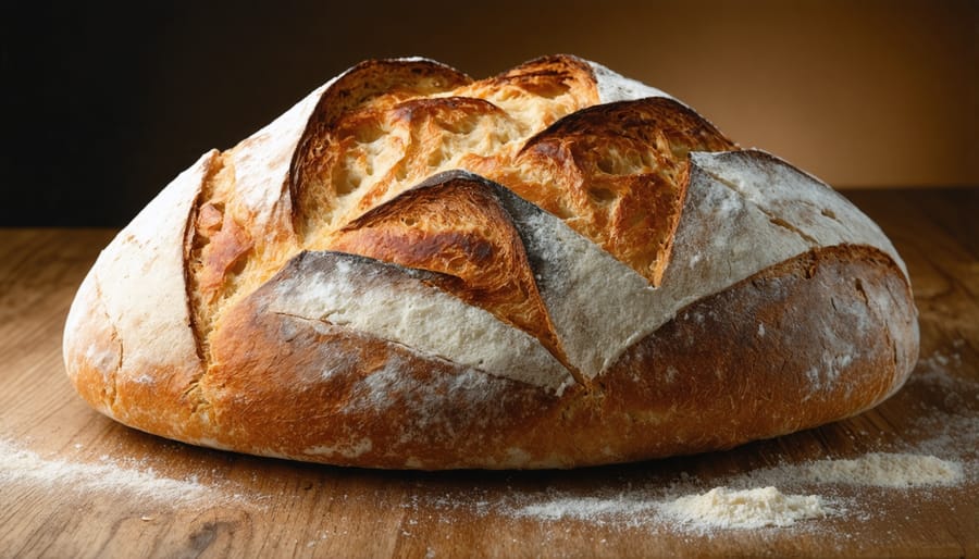 Crusty artisan sourdough bread on a baking stone