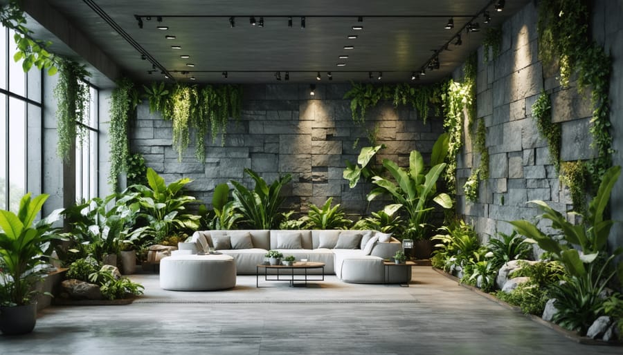 Modern office interior with floor-to-ceiling limestone walls and indoor garden elements