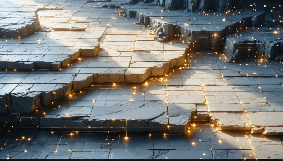 Conceptual image of a natural stone surface with a digital overlay displaying scanning points and matrix data, representing blockchain-integrated stone authentication technology.