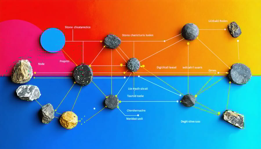 Visual representation of blockchain network connected to stone matrix data points