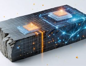 Conceptual illustration of carbon nanotube sensors embedded in natural stone, showing a network within the stone structure highlighting sensor technology for monitoring stone integrity.