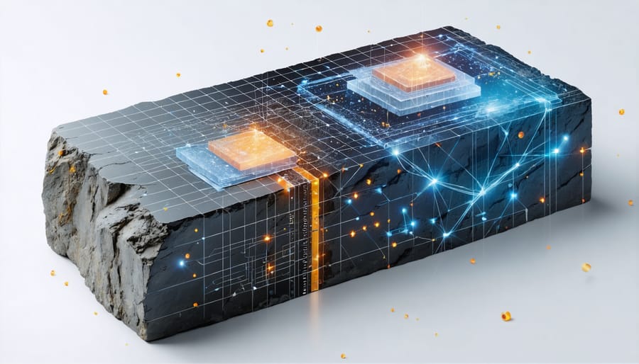 Conceptual illustration of carbon nanotube sensors embedded in natural stone, showing a network within the stone structure highlighting sensor technology for monitoring stone integrity.