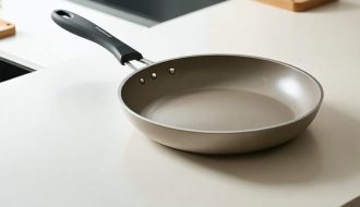 "A ceramic-coated frying pan placed on a modern kitchen countertop, showing its sleek design and smooth surface."