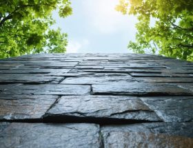 "Stone structure surrounded by green foliage under an overcast sky, illustrating resilience against climate-related challenges."