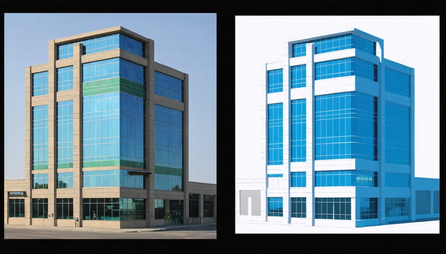 Split image showing construction progress: manual vs robotic stone installation on commercial building