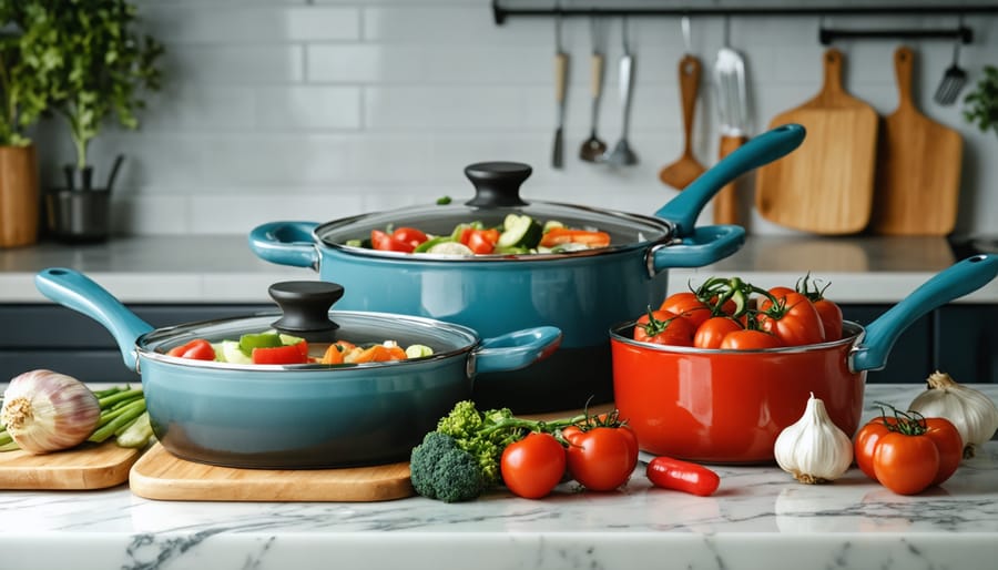 Colorful vegetables cooking in white ceramic pan with rising steam