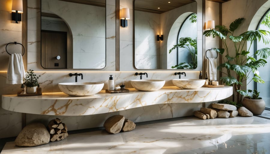 Modern bathroom vanity with curved white marble countertop and rounded stone vessel sink