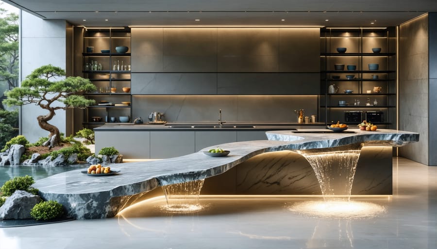 Modern kitchen with curved granite island featuring waterfall edge and flowing design