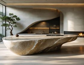 Curved stone kitchen island with subtle veining in a sunlit modern organic interior, with an arched doorway, rounded fireplace, natural wood accents, and indoor plants softly blurred in the background.