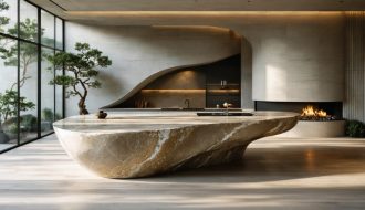 Curved stone kitchen island with subtle veining in a sunlit modern organic interior, with an arched doorway, rounded fireplace, natural wood accents, and indoor plants softly blurred in the background.