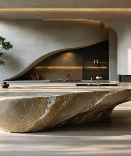Curved stone kitchen island with subtle veining in a sunlit modern organic interior, with an arched doorway, rounded fireplace, natural wood accents, and indoor plants softly blurred in the background.