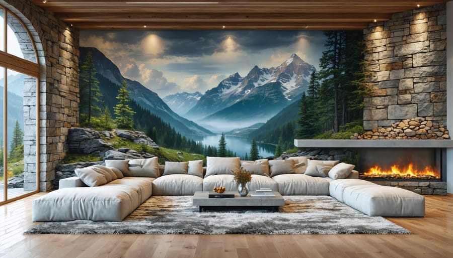 Modern living room with natural stone wall mural showing mountain scenery