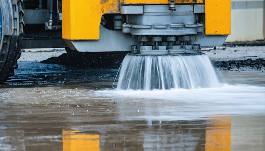 Modern stone cutting machine with visible water recycling system in operation