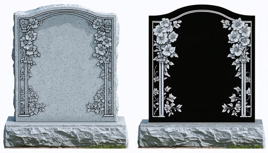 Comparative view showing the precision difference between laser and hand-carved headstone lettering