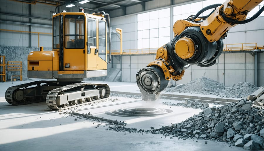 Construction professional using digital technology alongside automated installation equipment