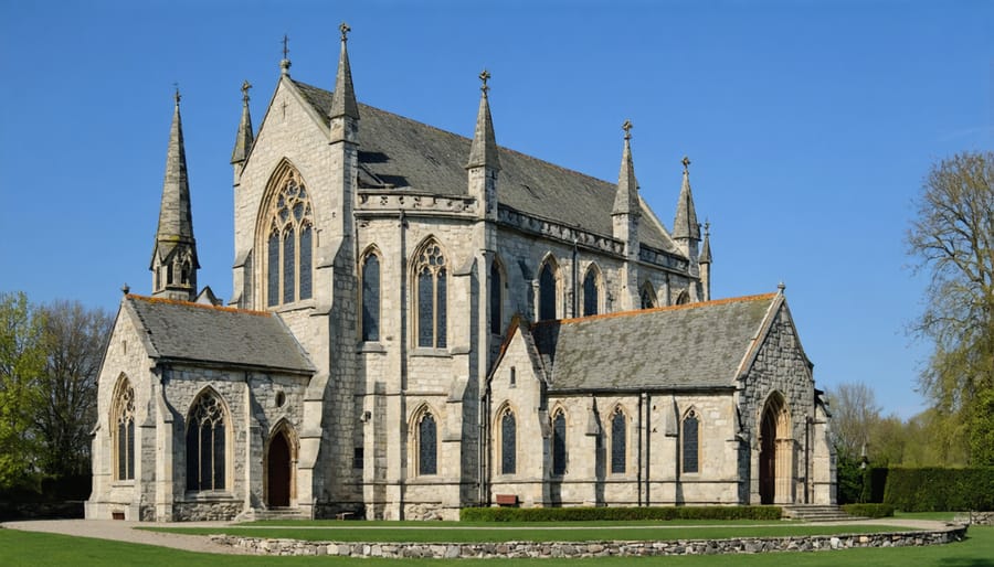 Exterior view of medieval Gothic stone church with flying buttresses and spires