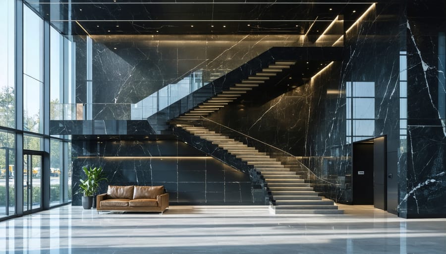 Modern office building exterior with black granite cladding reflecting sunlight