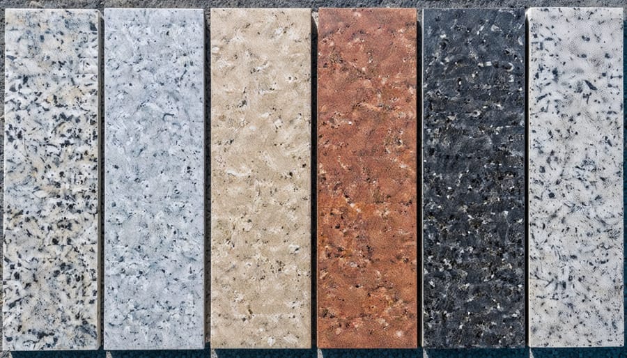 Various granite cladding samples displaying different colors and finishes