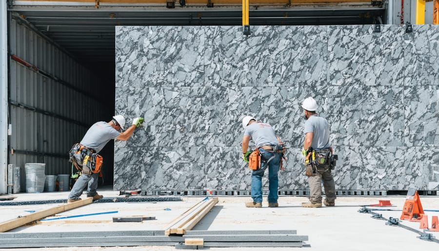 Construction workers installing granite wall cladding panels on building exterior