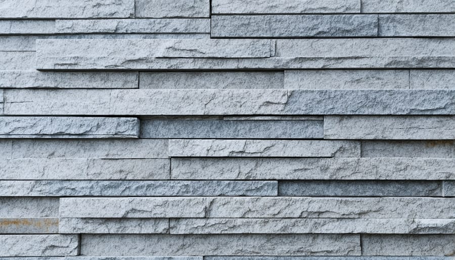 Close-up view of sealed joints between installed granite wall cladding panels