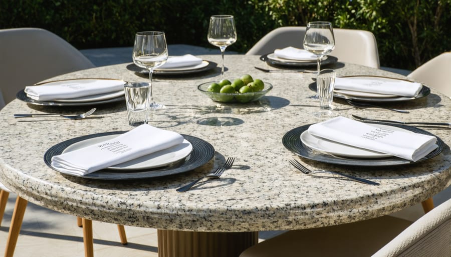 Modern outdoor dining area with large granite table and matching chairs on a patio
