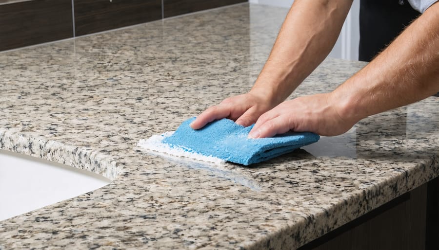 Demonstration of granite sealing process showing sealer, applicator, and stages of application
