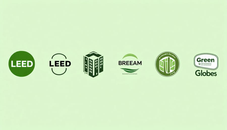 Logos of major green building certification systems including LEED, BREEAM, and Green Globes