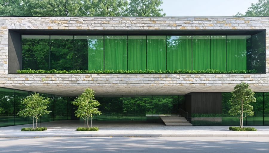 Contemporary LEED-certified office building showcasing natural stone architectural features