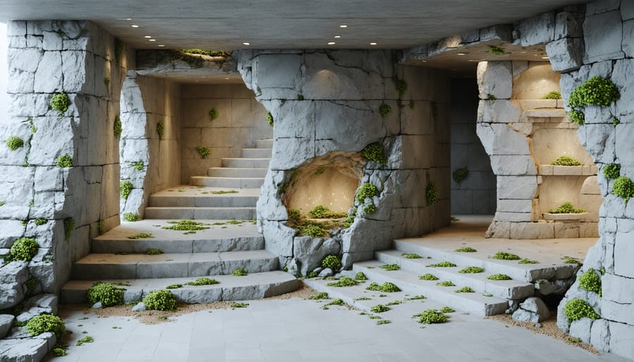 Conceptual illustration of a natural stone surface, highlighting the porous texture with microscopic views of trapped allergens like dust and mold particles.