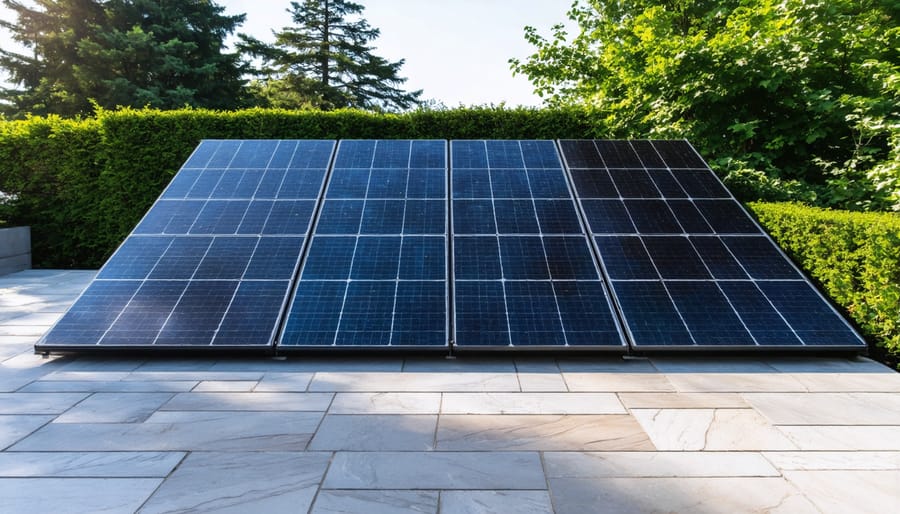 Solar panels integrated into stone patio pavers with garden backdrop