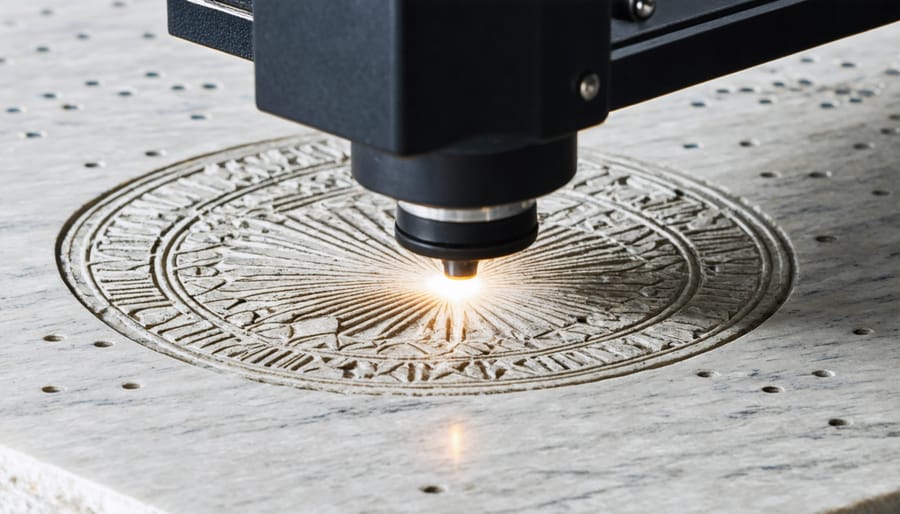 Laser engraving machine precisely carving text into a granite headstone surface