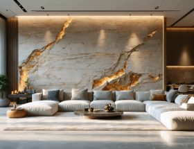 Modern living room with a floor-to-ceiling limestone accent wall displaying warm beige tones and natural stone textures, complemented by contemporary furnishings.