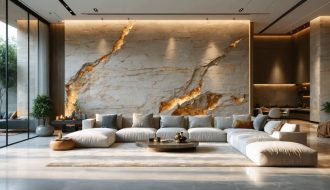 Modern living room with a floor-to-ceiling limestone accent wall displaying warm beige tones and natural stone textures, complemented by contemporary furnishings.