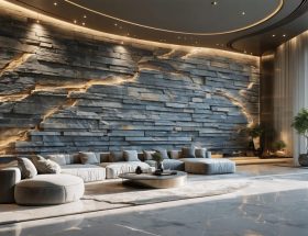 Elegant interior featuring a large custom stone wall mural with intricate design and natural stone textures, set in a well-lit space that emphasizes depth and sophistication.