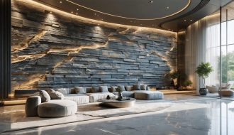 Elegant interior featuring a large custom stone wall mural with intricate design and natural stone textures, set in a well-lit space that emphasizes depth and sophistication.