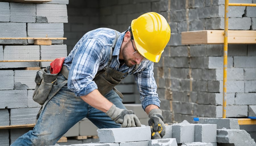 Construction worker demonstrating unsafe manual stone lifting techniques and physical strain