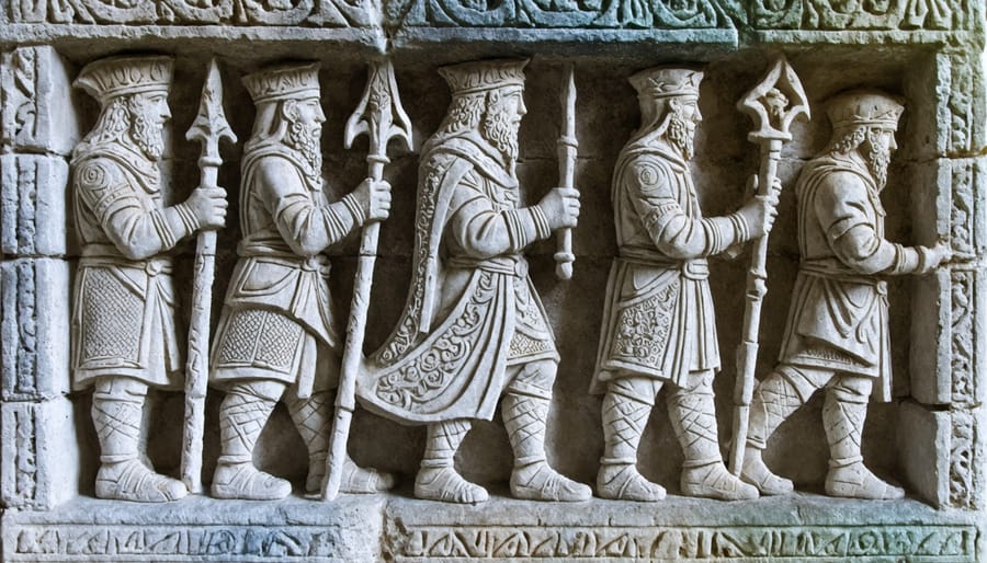 Close-up of detailed religious stone carvings on medieval church column