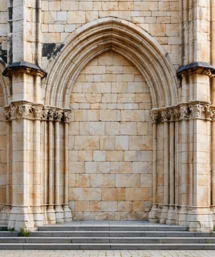 "Close-up of a medieval church's towering stone facade, showcasing intricate masonry and arches in soft natural light."