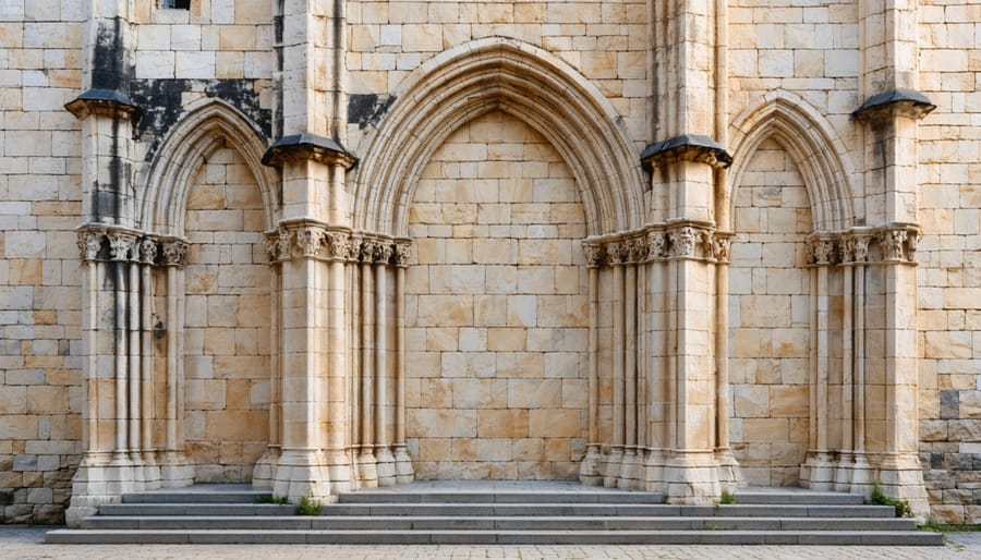 "Close-up of a medieval church's towering stone facade, showcasing intricate masonry and arches in soft natural light."