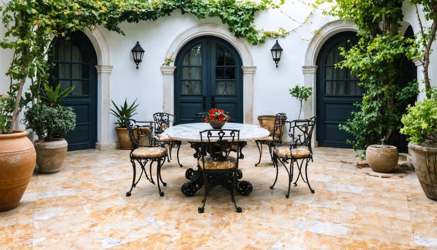 Traditional Mediterranean patio featuring carved marble table under pergola