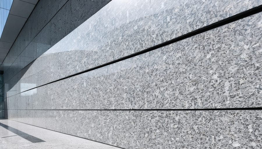"An elegant granite wall cladding on a modern building facade with a blurred urban skyline in the background."