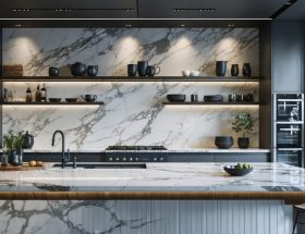 Modern kitchen showcasing a large quartz countertop with a mix of marble-like veining, solid color, and bold dark patterns, set against light, dark, and wood-colored cabinetry, demonstrating the versatility and elegance of quartz in various lighting conditions.