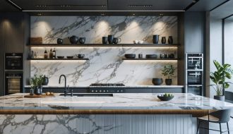 Modern kitchen showcasing a large quartz countertop with a mix of marble-like veining, solid color, and bold dark patterns, set against light, dark, and wood-colored cabinetry, demonstrating the versatility and elegance of quartz in various lighting conditions.