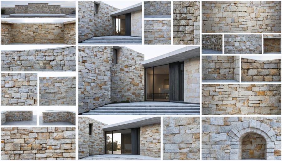 Multiple examples of natural stone used in modern building facades, interior design, and landscape features
