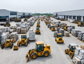 "Busy natural stone distribution center with workers and heavy machinery, illustrating global distribution logistics."