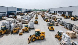 "Busy natural stone distribution center with workers and heavy machinery, illustrating global distribution logistics."