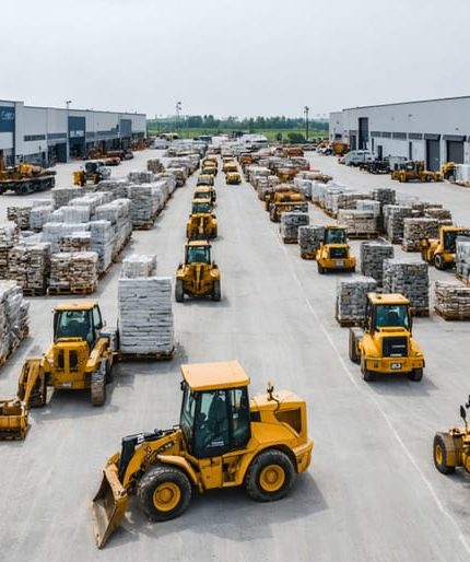 "Busy natural stone distribution center with workers and heavy machinery, illustrating global distribution logistics."